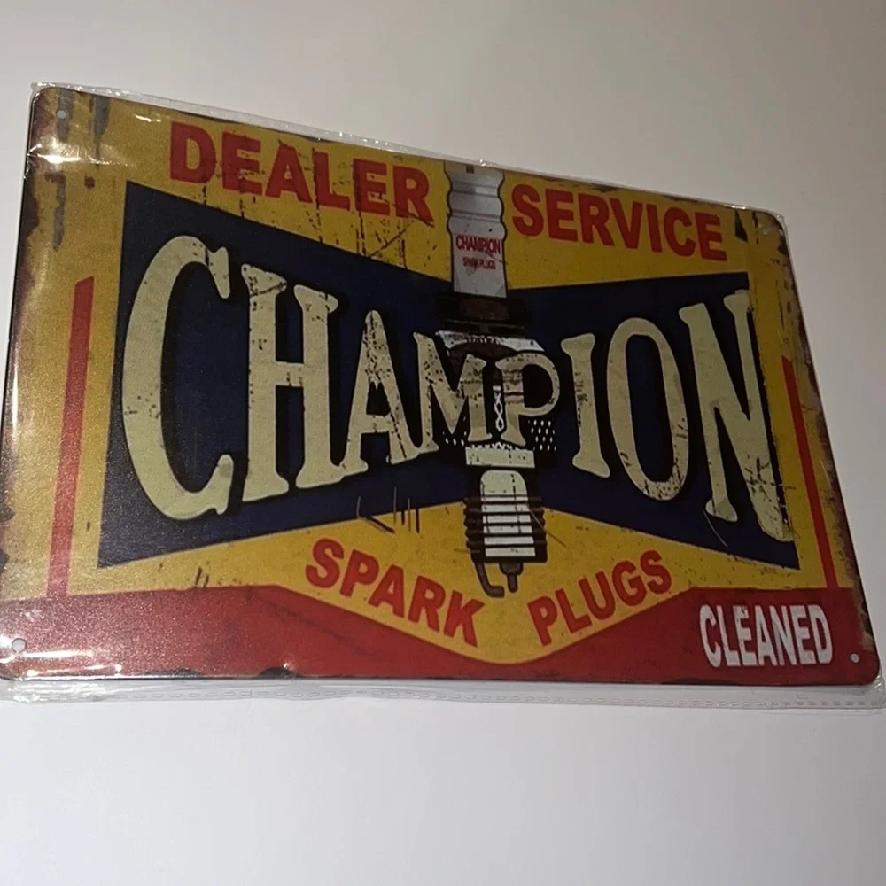NWT Tin Sign Champion Spark Plugs Rustic Service Store Metal Sign